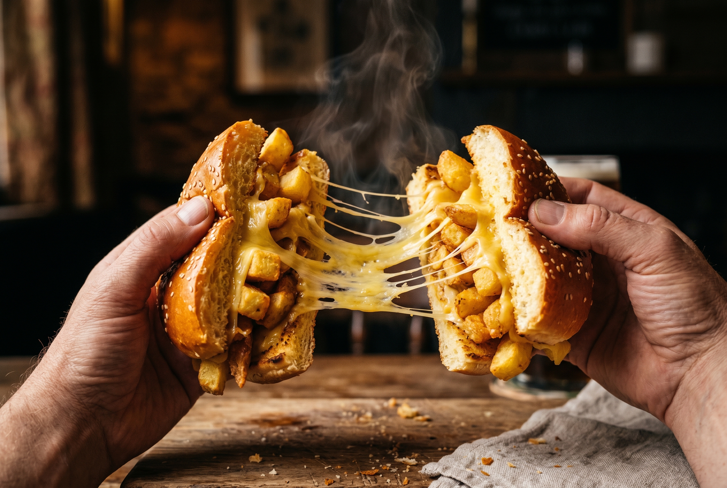 Cheese pull on a loaded chip butty
