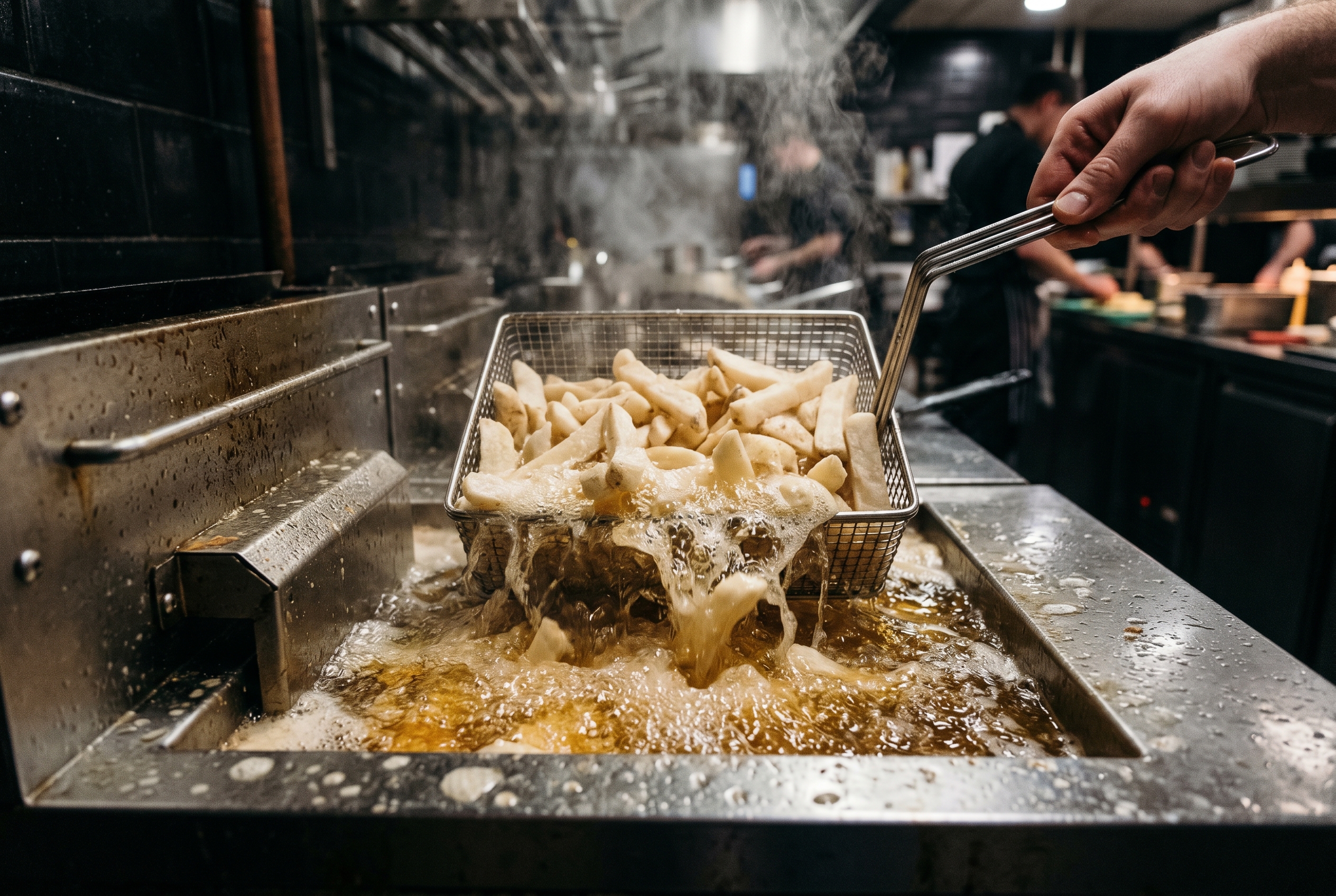 Chips being fried to golden perfection