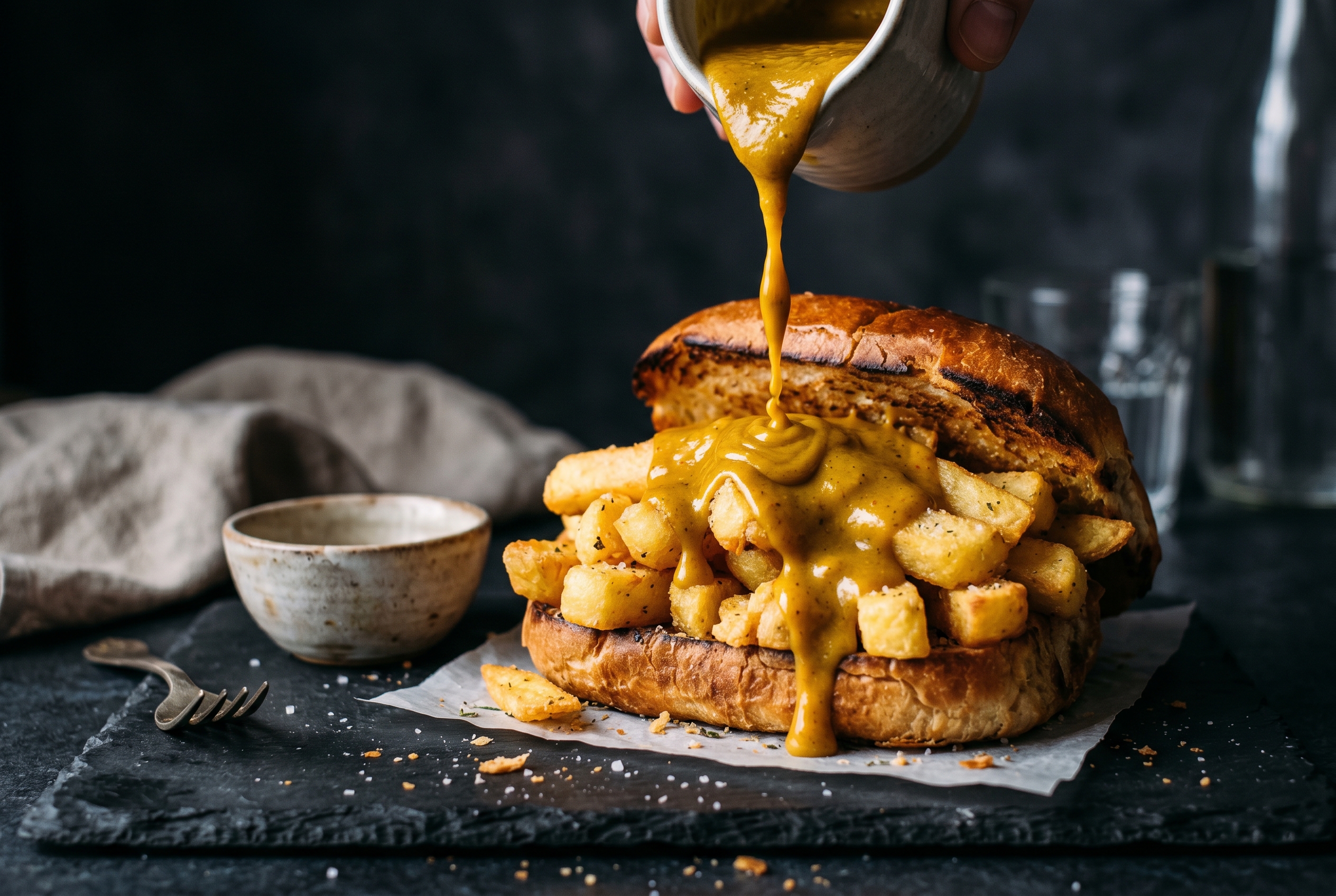 Curry sauce drizzled on chips