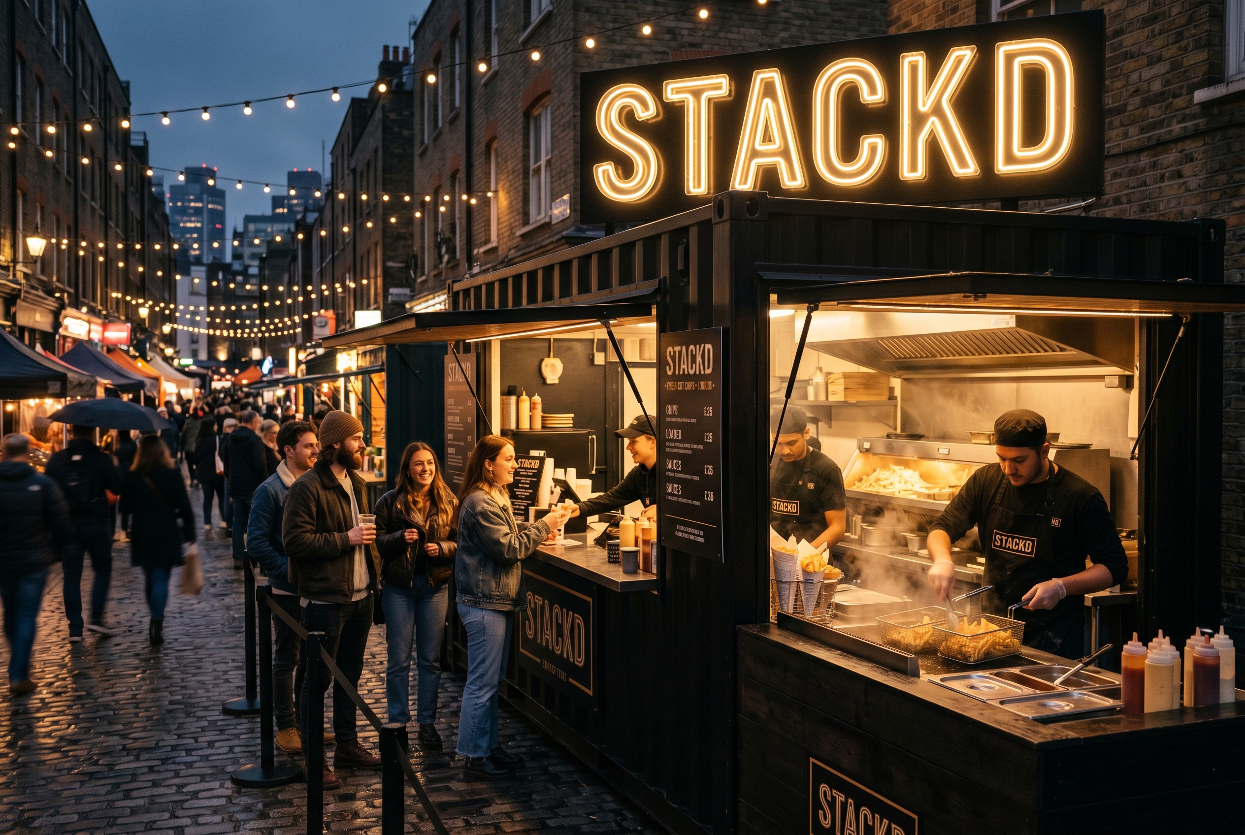 STACKD market stall at dusk