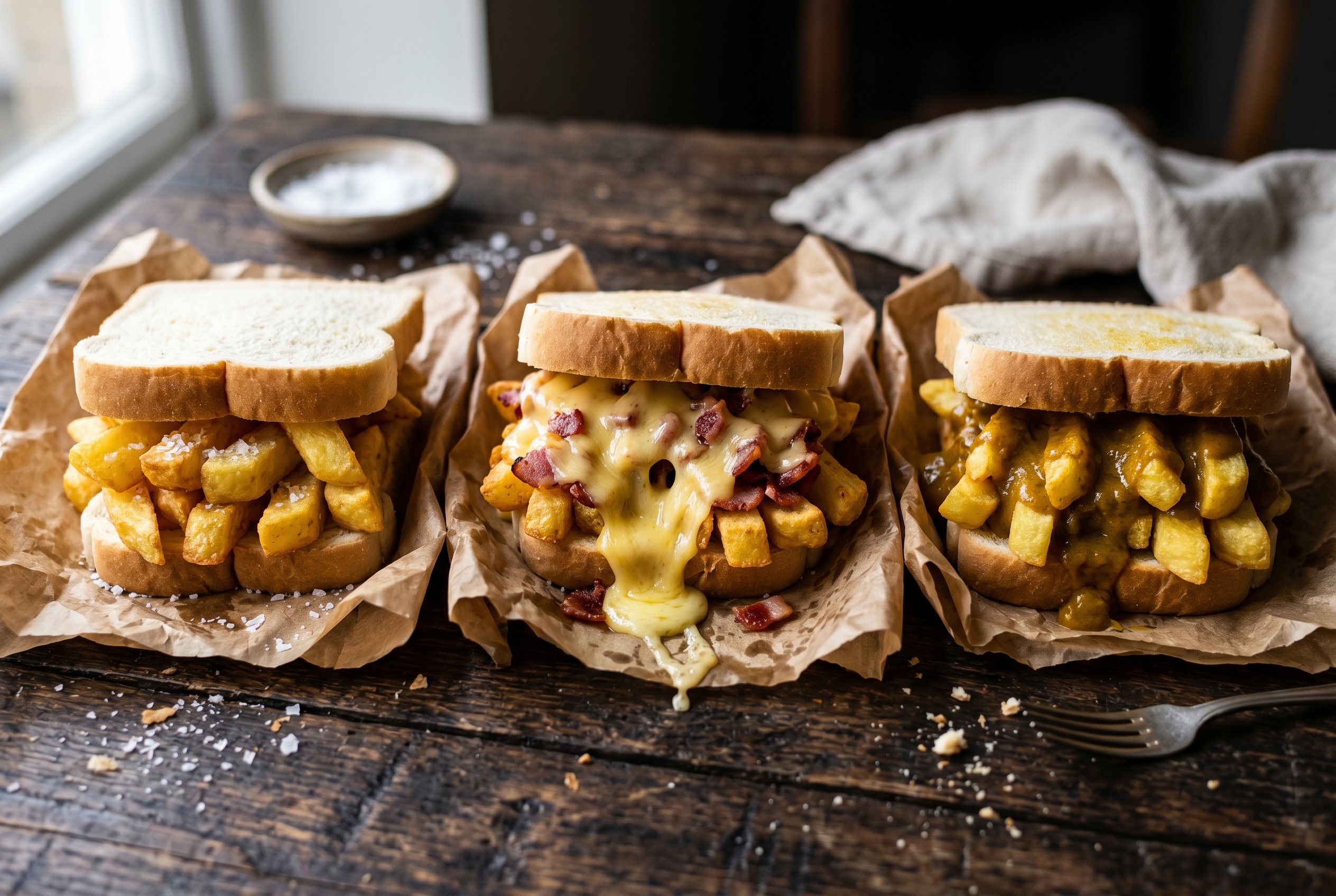 Three loaded chip butties